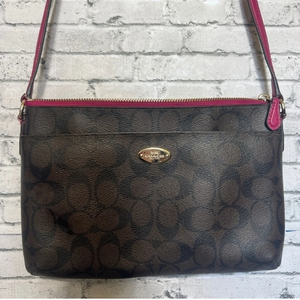 Coach Signature Crossbody Handbag Brown and Raspberry * - Picture 2 of 16